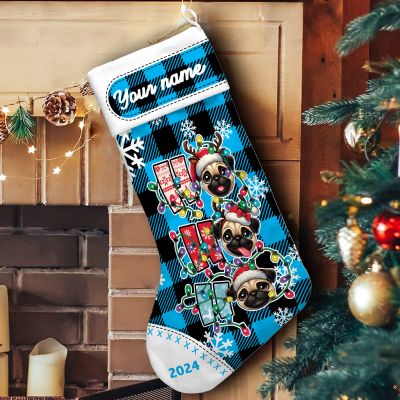 Personalized Pug Ho Ho Ho Merry Christmas Stocking Blue, pug xmas gift stocking